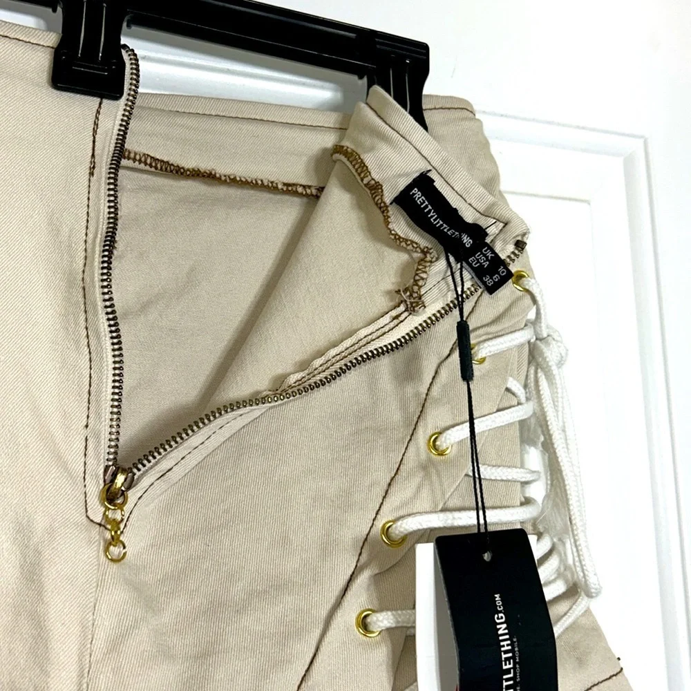 PrettyLittleThing Shape Ecru Lace Up Side Denim Shorts NWT
